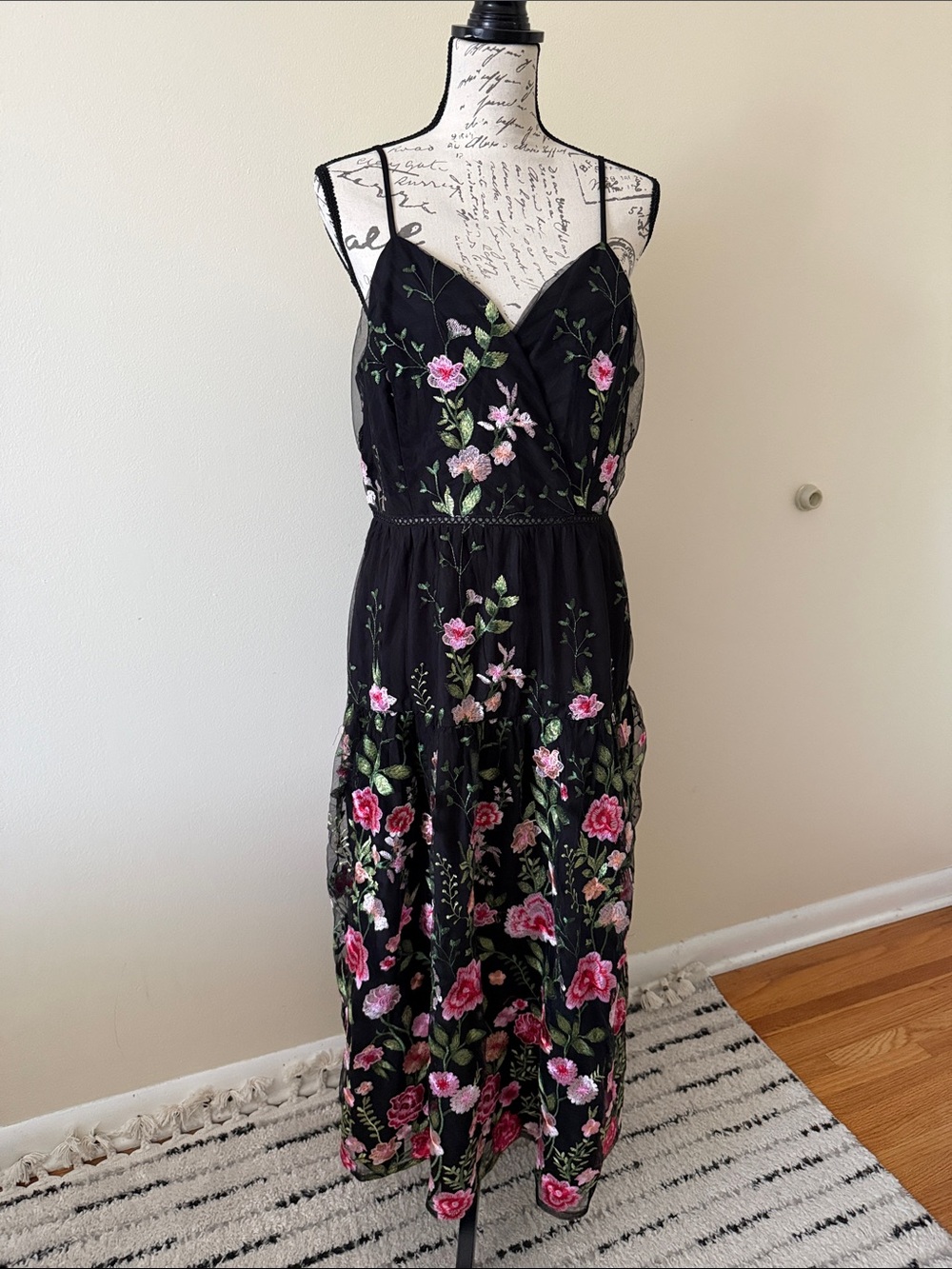 Just Me Black Maxi Dress with Pink & Green Floral Embroidery
